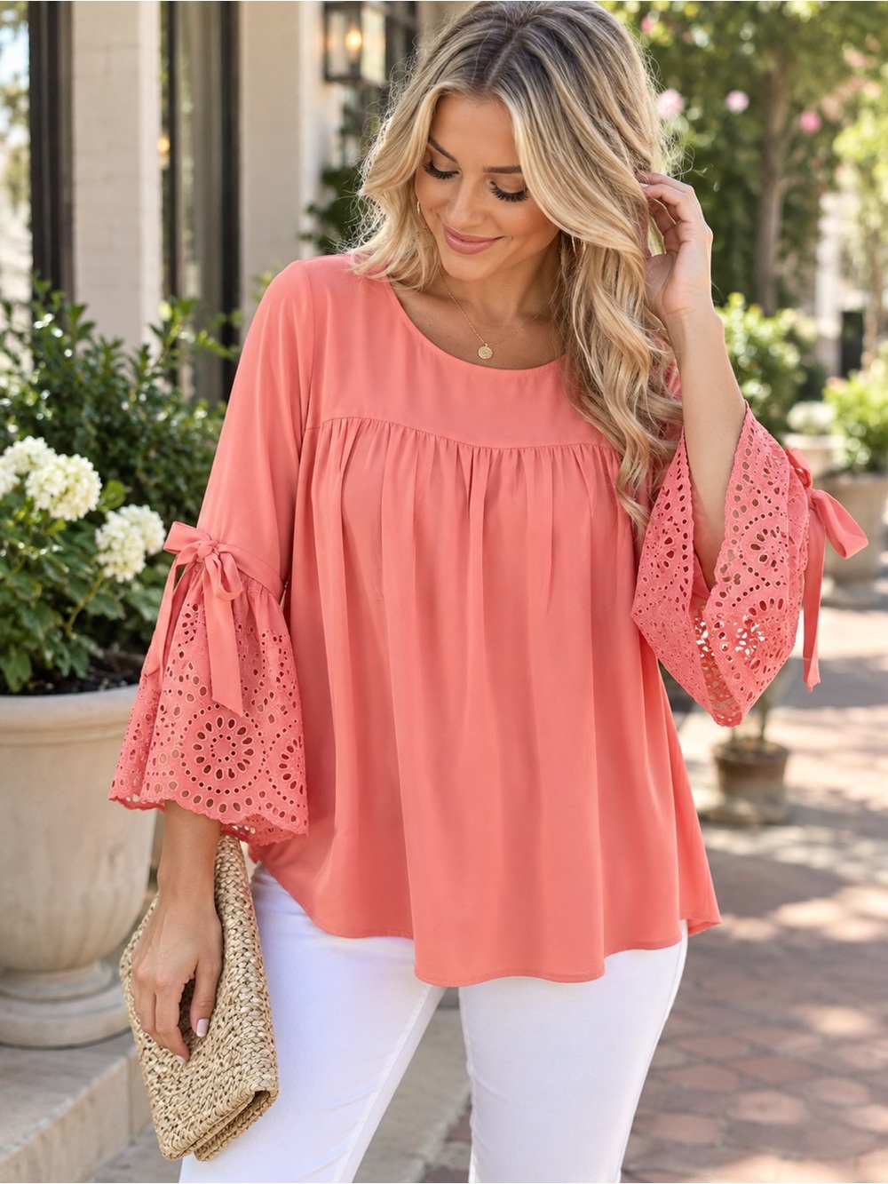 LOFT Dusty Pink/Coral Blouse Eyelet Lace Bell Sleeve Bow Front Boho Feminine EUC